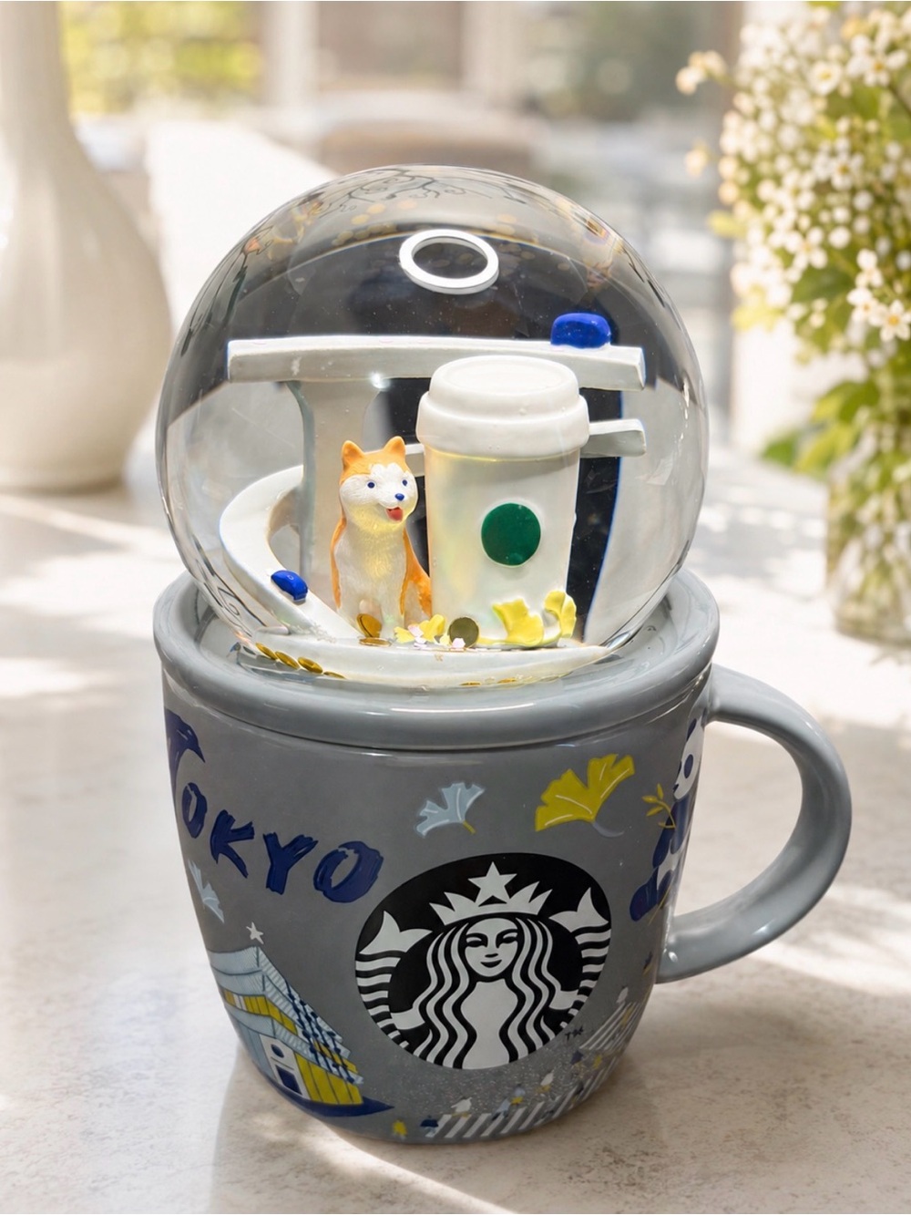 Starbucks Tokyo Blue Shiba Snow Globe Mug with White Cup Accent